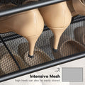Close-up of wire mesh shelf surface with high heels stored, intensive mesh and heel storage text