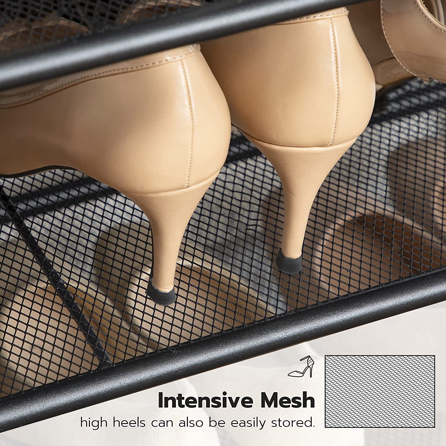 Close-up of wire mesh shelf surface with high heels stored, intensive mesh and heel storage text