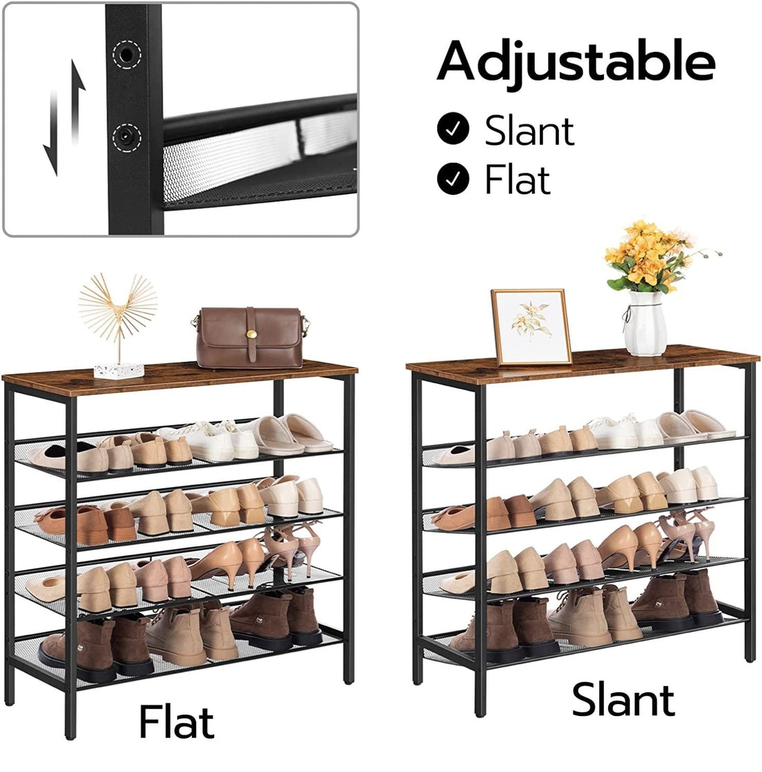 Industrial mesh 4-tier shoe rack with rustic brown wood top and black metal frame on white background