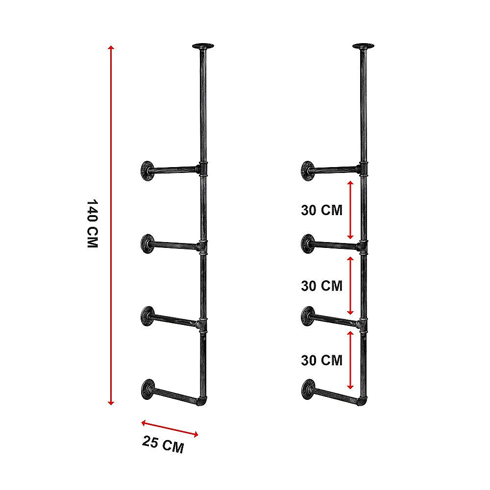 Industrial pipe shelf bracket dimensions diagram: 140cm tall, 25cm wide, shelf spacing 30cm between each of 3 levels