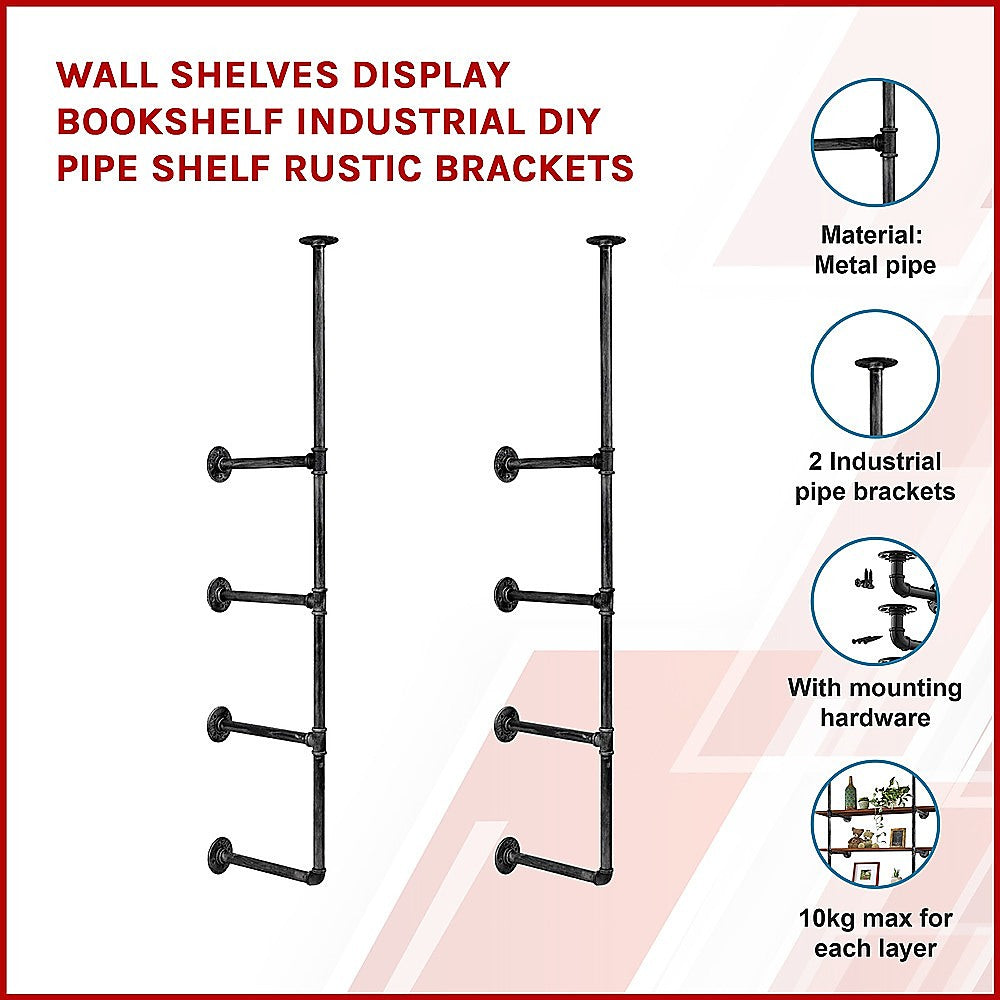 Industrial pipe shelf brackets product infographic: metal pipe, 2 brackets, mounting hardware included, 10kg per shelf layer