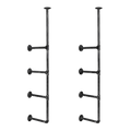 Pair of industrial black pipe shelf brackets on white background, four horizontal arms each, with mounting flanges