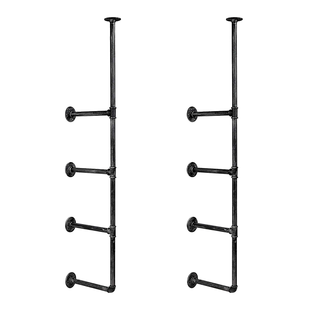 Pair of industrial black pipe shelf brackets on white background, four horizontal arms each, with mounting flanges