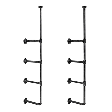 Pair of industrial black pipe shelf brackets on white background, four horizontal arms each, with mounting flanges
