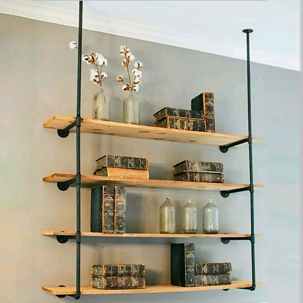Pair of industrial black pipe shelf brackets on white background, four horizontal arms each, with mounting flanges