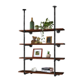 Industrial pipe floor-to-ceiling shelf with 4 dark walnut boards, styled with plants, teddy bears, photo frame, and books