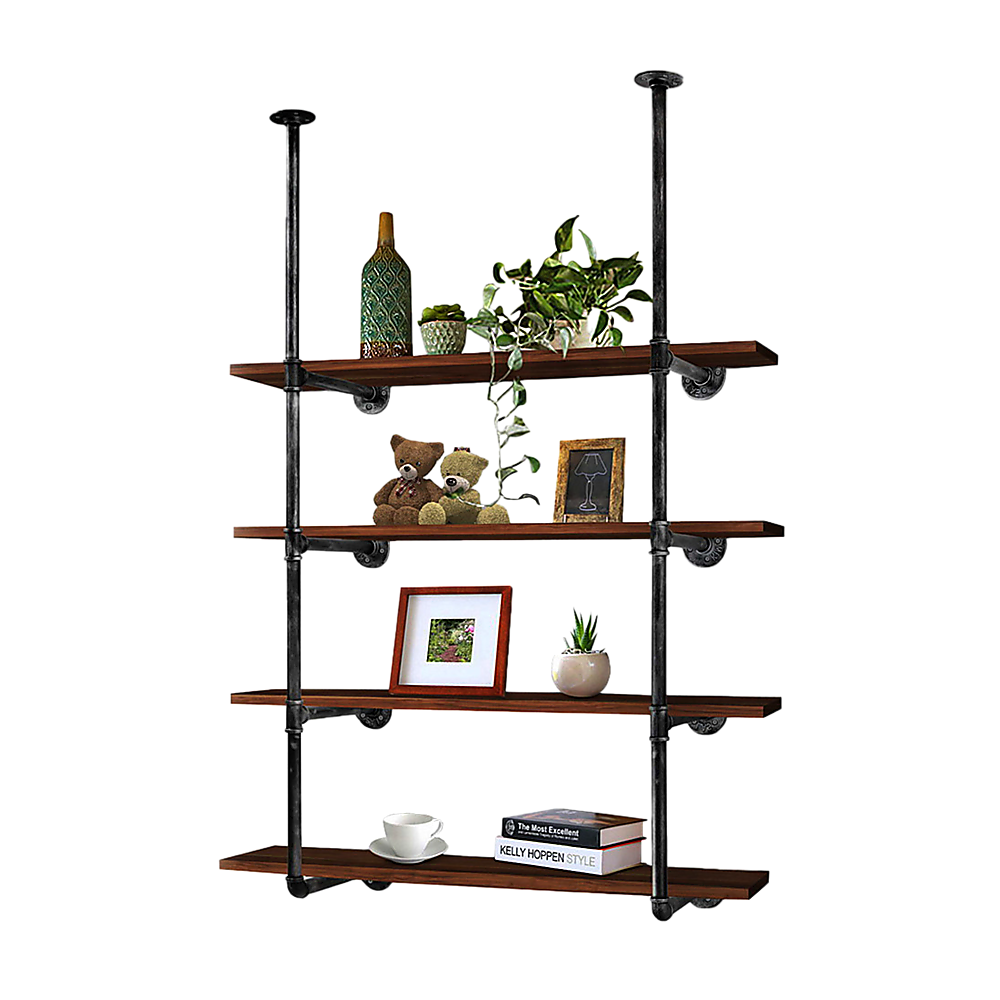Industrial pipe floor-to-ceiling shelf with 4 dark walnut boards, styled with plants, teddy bears, photo frame, and books