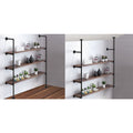 Industrial pipe and walnut wood wall shelving, two configs: floor-to-ceiling and wall-mounted, styled with cacti and decor