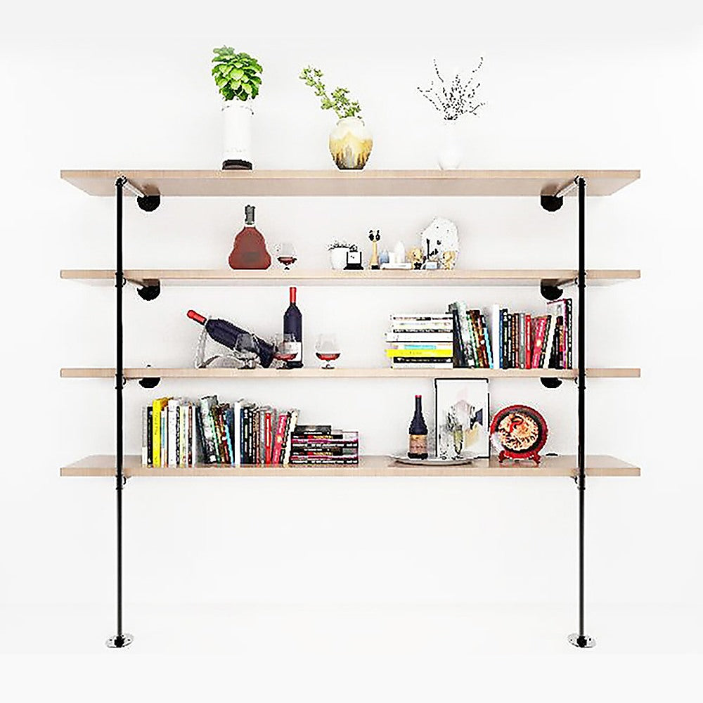 Industrial pipe wall shelf with 4 light wood shelves, styled with books, wine bottles, plant vases, and decorative items