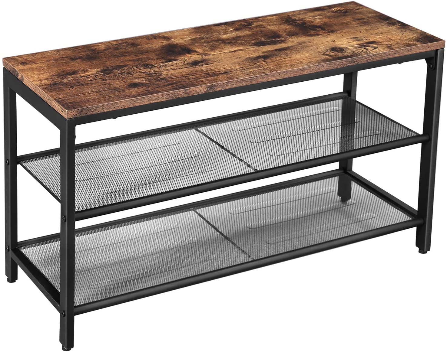 Industrial shoe bench with rustic brown wood top and two black wire mesh shelves on white background