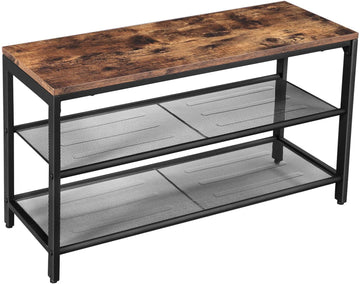 Industrial shoe bench with rustic brown wood top and two black wire mesh shelves on white background