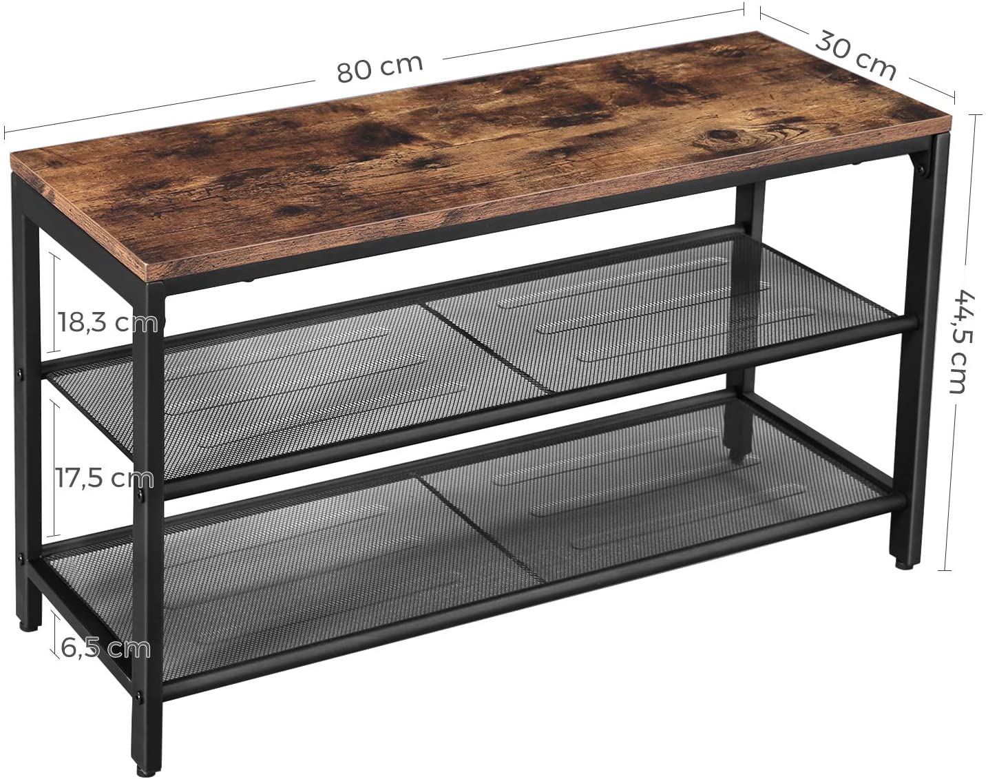 Industrial shoe bench dimension diagram 80cm wide 30cm deep 44.5cm tall shelf spacings 18.3cm and 17.5cm