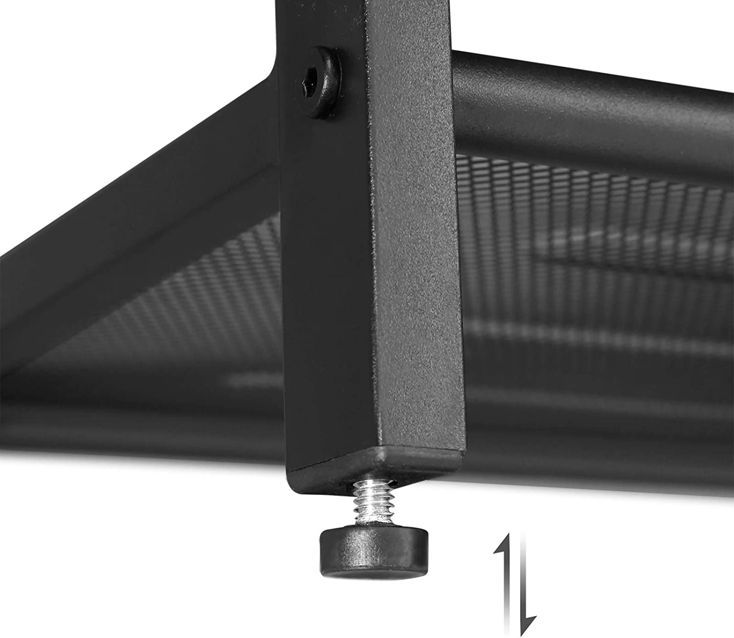 Close-up of black metal frame corner with adjustable levelling foot screw visible below wire mesh shelf