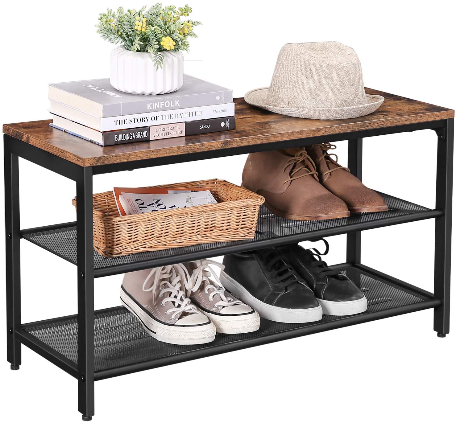 Industrial shoe bench angled view with books hat flower pot on top wicker basket and sneakers on lower shelves