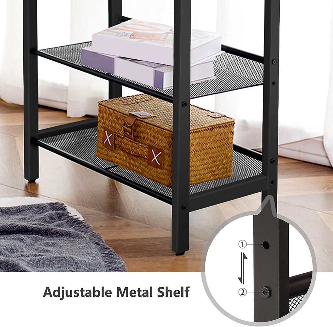 Industrial side table with rustic brown wood top, black metal frame and 2 wire mesh shelves on white background