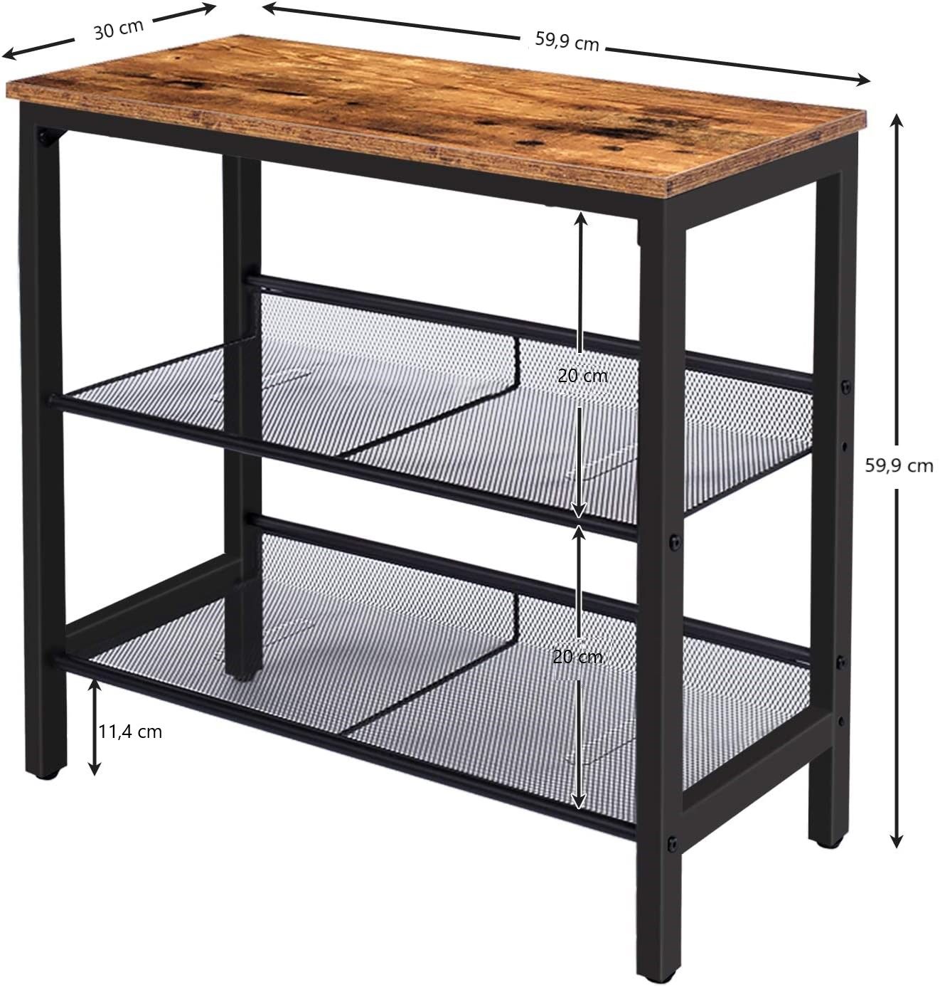 Dimensions diagram: industrial side table 59.9cm wide, 30cm deep, 59.9cm tall, 20cm between shelves