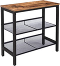 Industrial side table with rustic brown wood top, black metal frame and 2 wire mesh shelves on white background