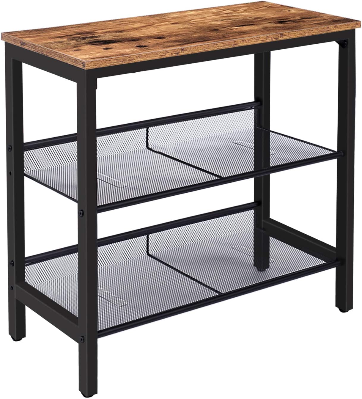Industrial side table with rustic brown wood top, black metal frame and 2 wire mesh shelves on white background