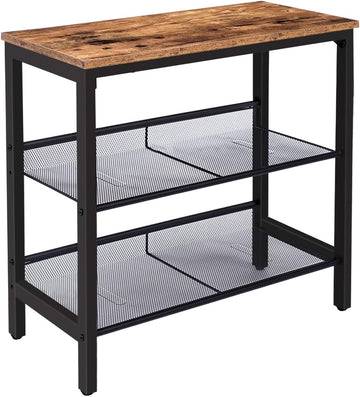 Industrial side table with rustic brown wood top, black metal frame and 2 wire mesh shelves on white background