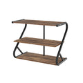 Three-tier industrial shoe rack with rustic wood shelves and black Z-frame, empty, angled view on white background