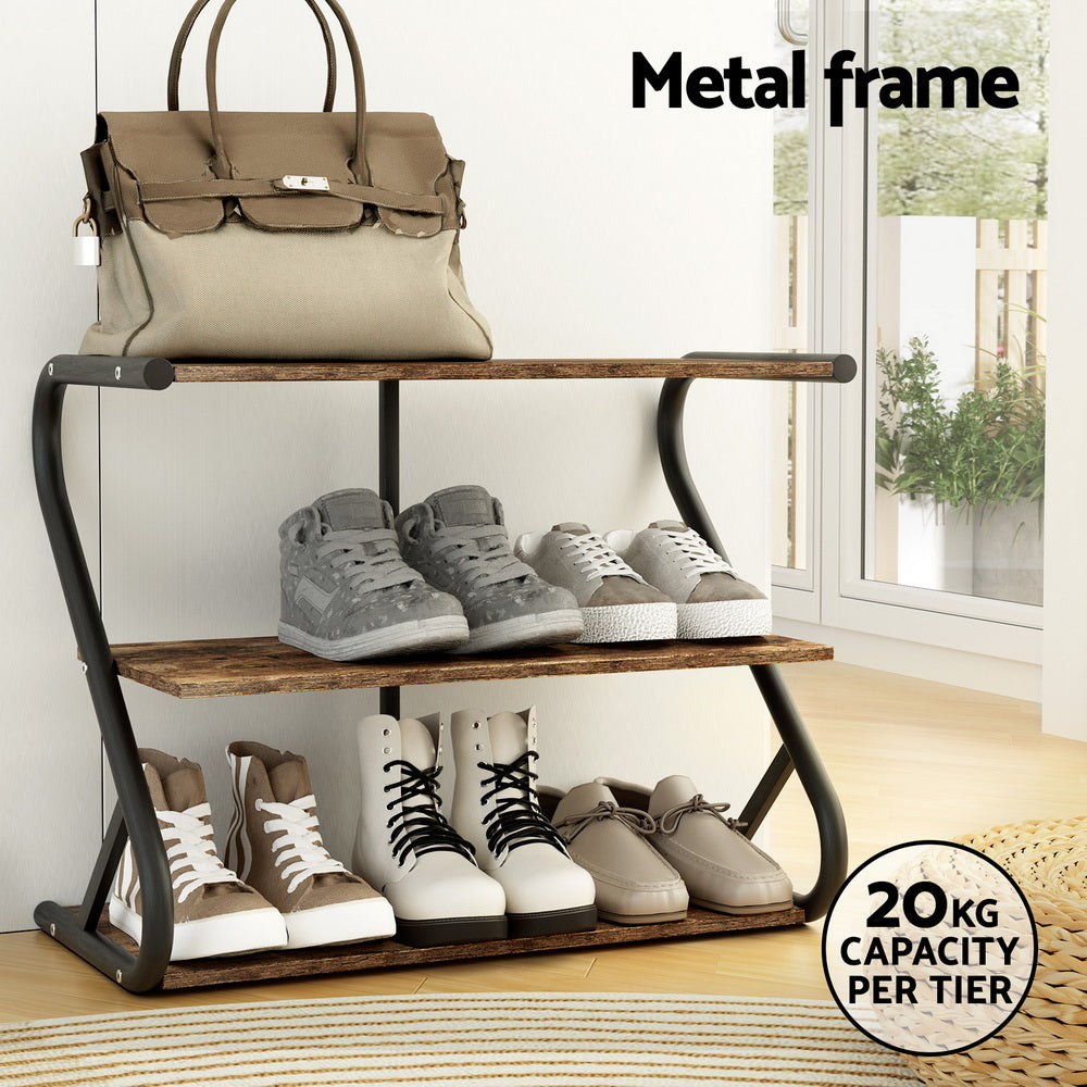 Industrial 3-tier shoe rack with bag on top rail and shoes on shelves, metal frame label and 20kg per tier badge