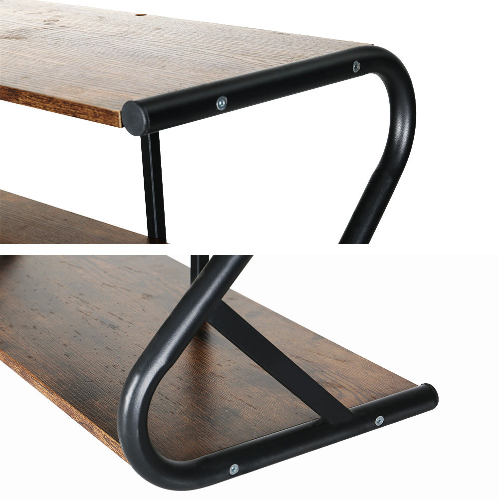 Close-up two-panel view of industrial shoe rack Z-frame showing rounded rail ends and curved joint detail