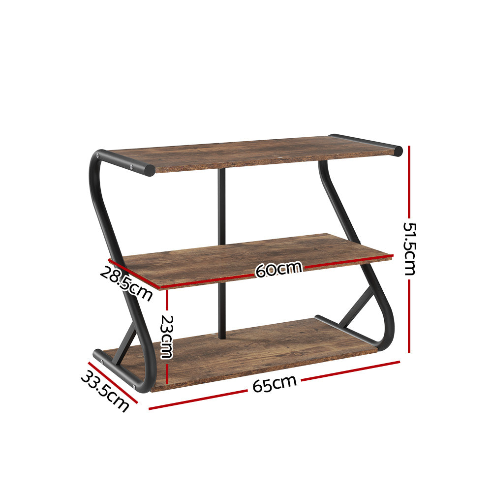 Industrial Z-frame 3-tier shoe rack dimensions: 65cm wide, 51.5cm tall, 33.5cm deep, 23cm tier spacing