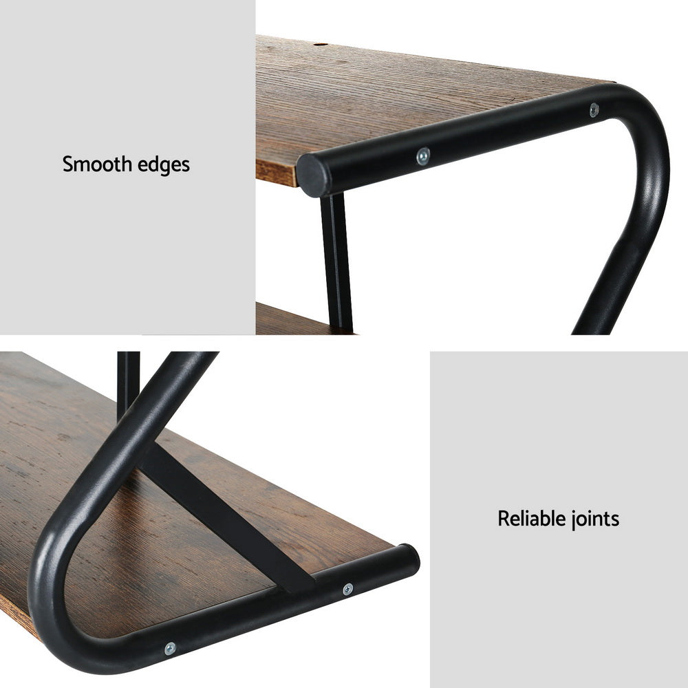 Industrial Z-frame shoe rack two-panel detail showing smooth rounded edges and reliable frame joint callouts
