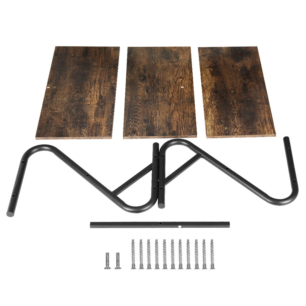 Parts layout for industrial shoe rack showing three rustic wood shelves, Z-frame pieces, crossbar, and screws