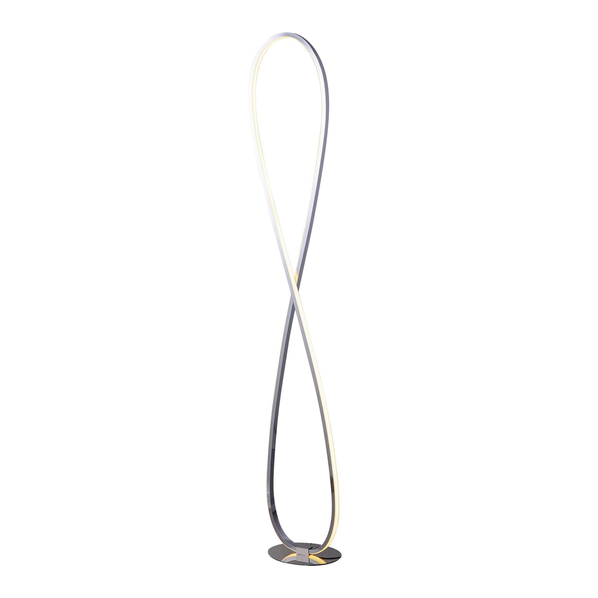 Chrome infinity-loop LED floor lamp on white background, figure-8 twisted design with warm white LED light along inner edge