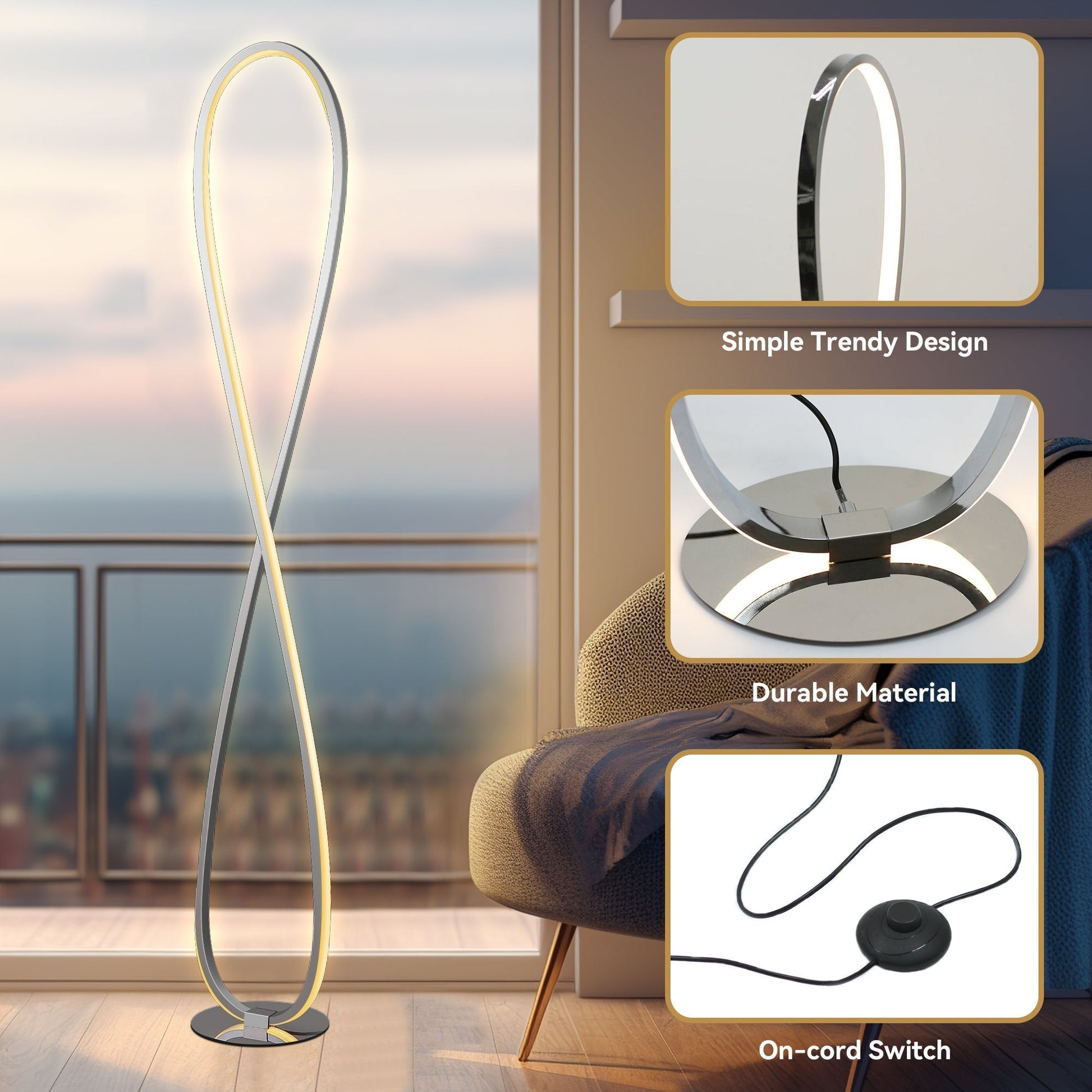 Infinity LED floor lamp beside armchair with insets of chrome loop top, mirror chrome base, and on-cord foot switch