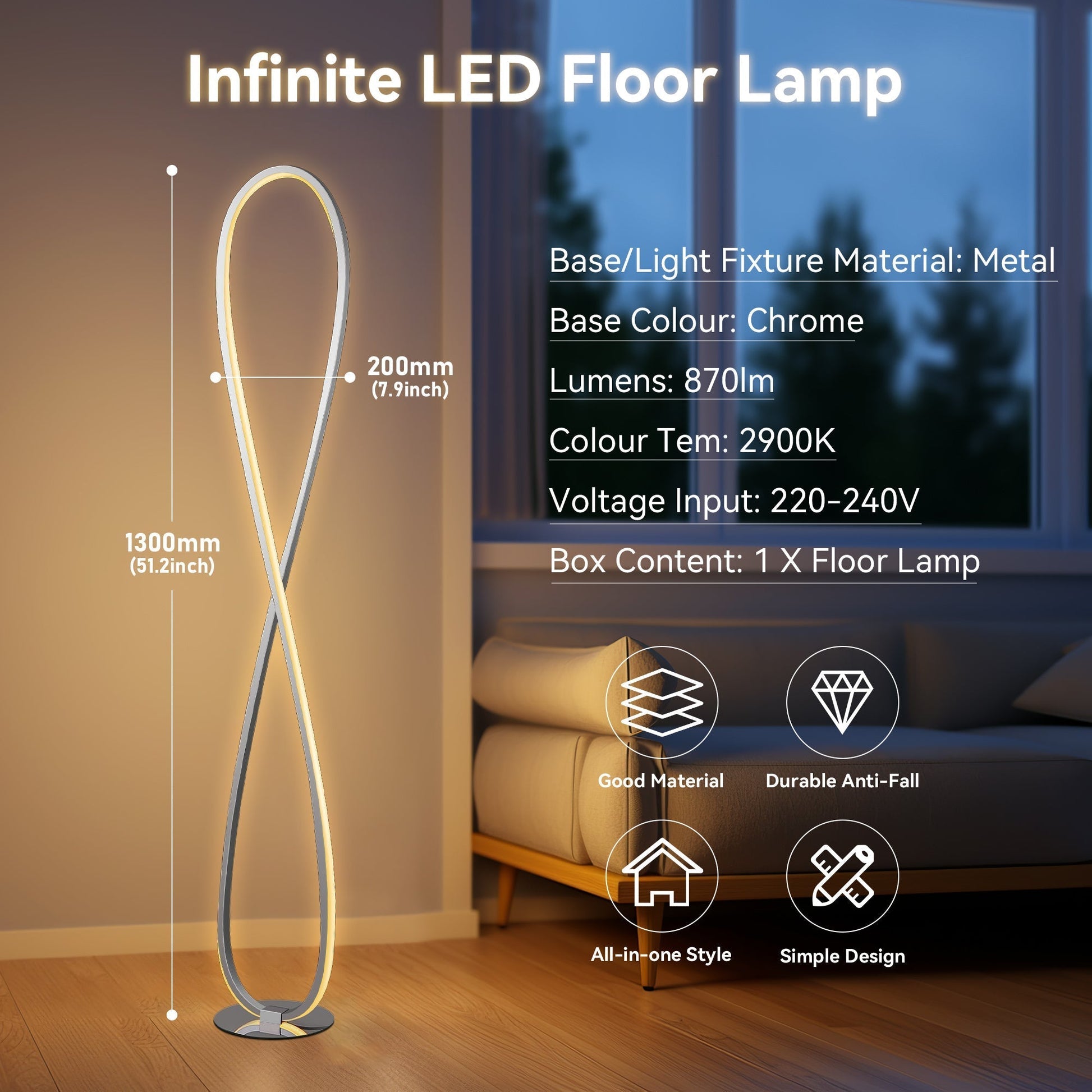 Infinite LED Floor Lamp spec infographic: 1300mm height, 200mm wide, chrome base, 870lm, 2900K colour temperature, 220-240V