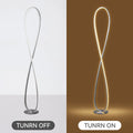 Split image showing infinity LED floor lamp TURN OFF (unlit silver left) and TURN ON (warm golden glow right) comparison