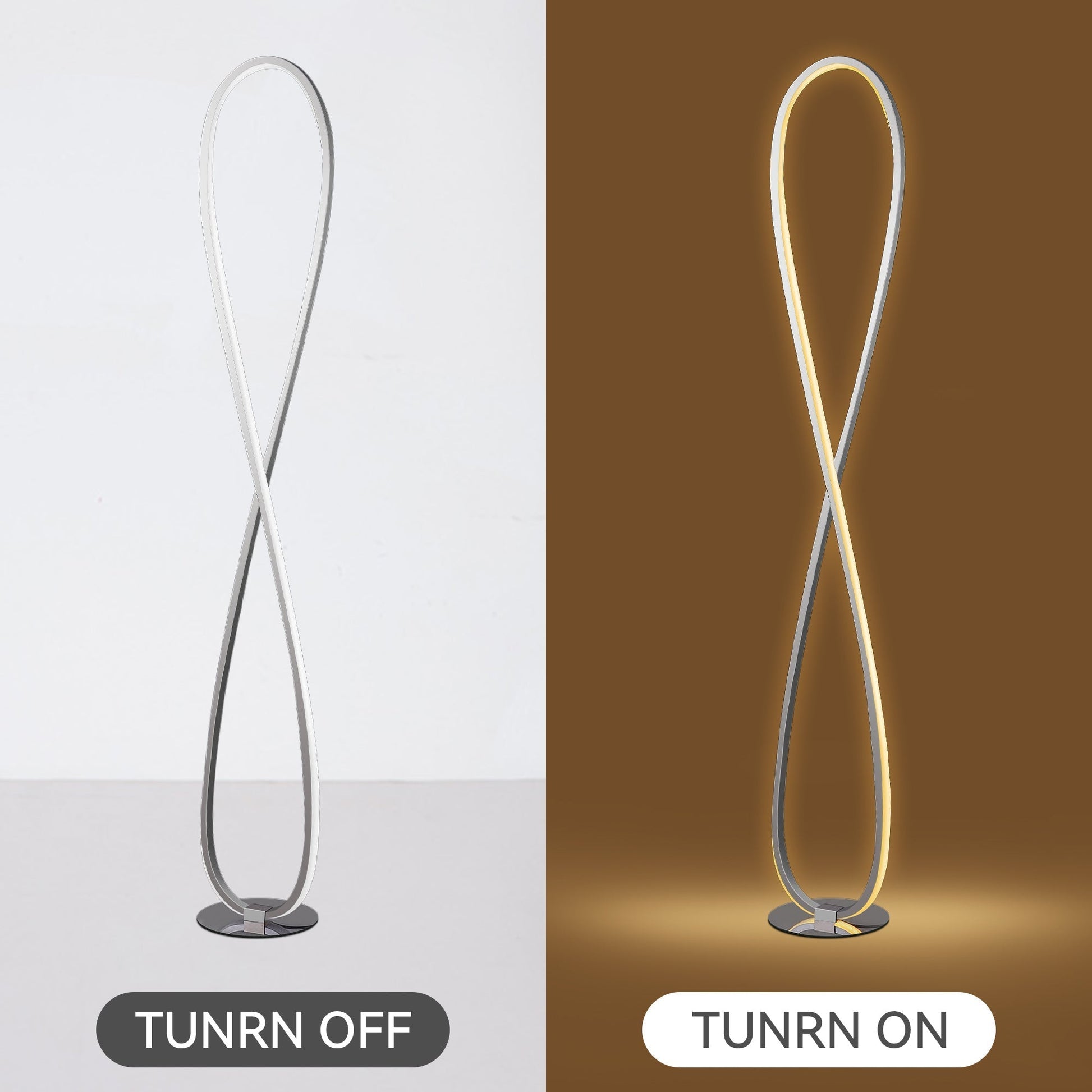 Split image showing infinity LED floor lamp TURN OFF (unlit silver left) and TURN ON (warm golden glow right) comparison