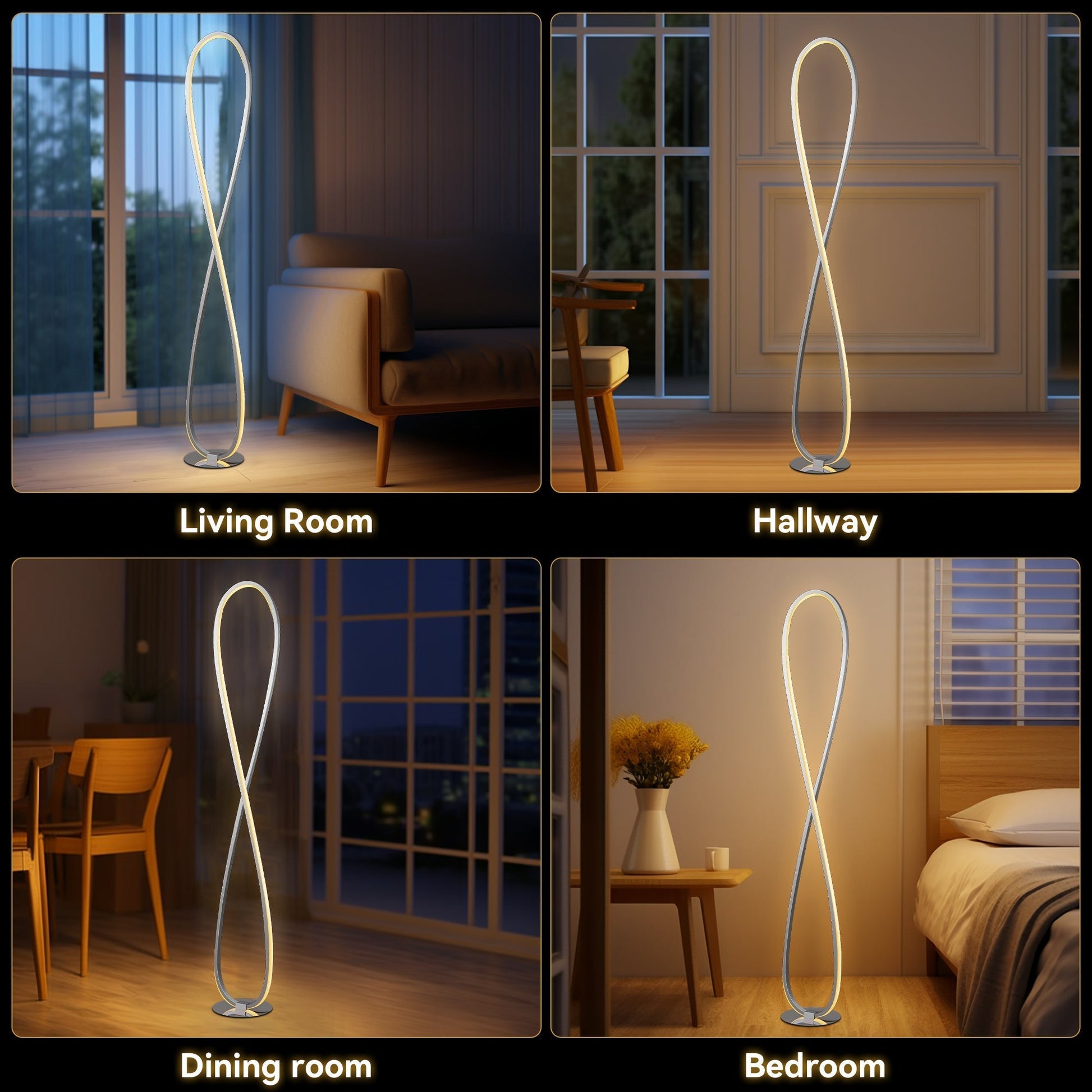 Four-panel lifestyle collage of infinity LED floor lamp glowing in living room, hallway, dining room and bedroom settings