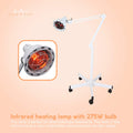 Infrared heat lamp on rolling stand with inset close-up of glowing 275W bulb, Ellie and Ruby Australia, peach background