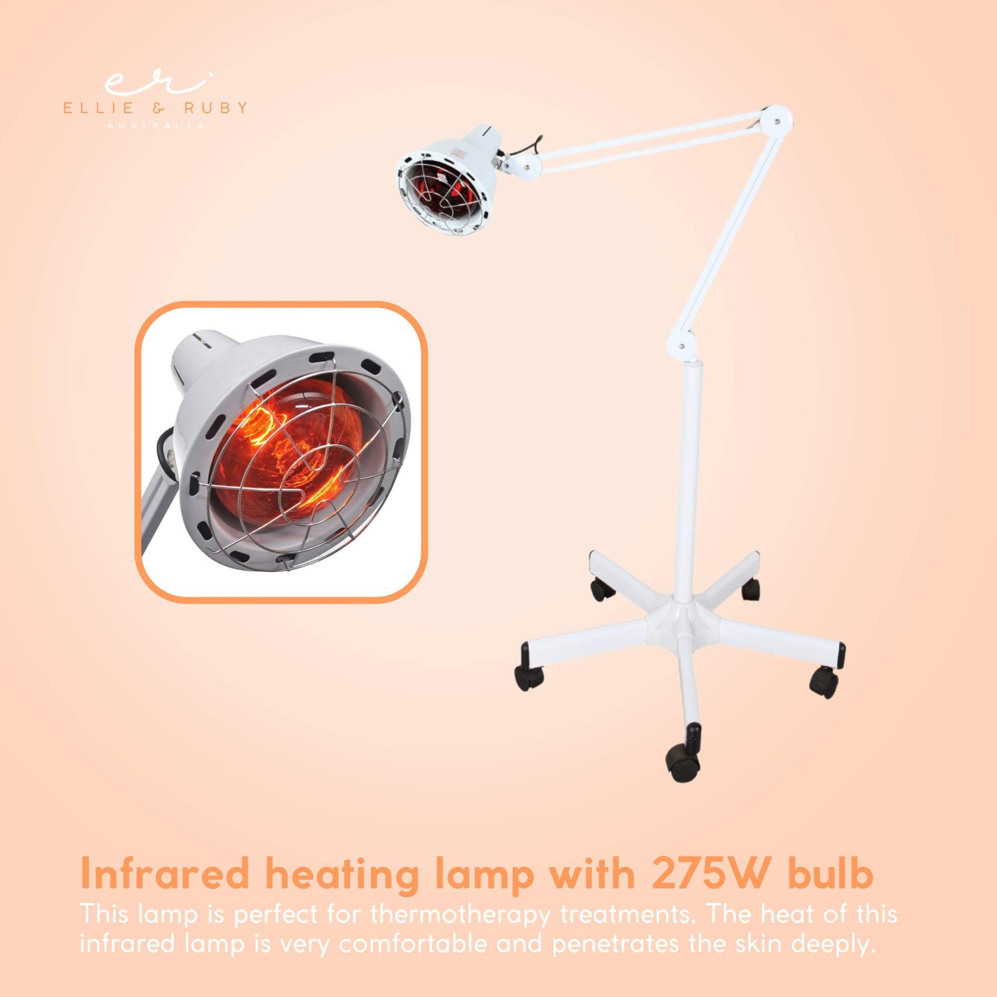 Infrared heat lamp on rolling stand with inset close-up of glowing 275W bulb, Ellie and Ruby Australia, peach background