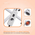 Infrared heat lamp close-ups: dimmer control with on/off switch and rotary dial, lamp dome off and lit, text Attached dimmer