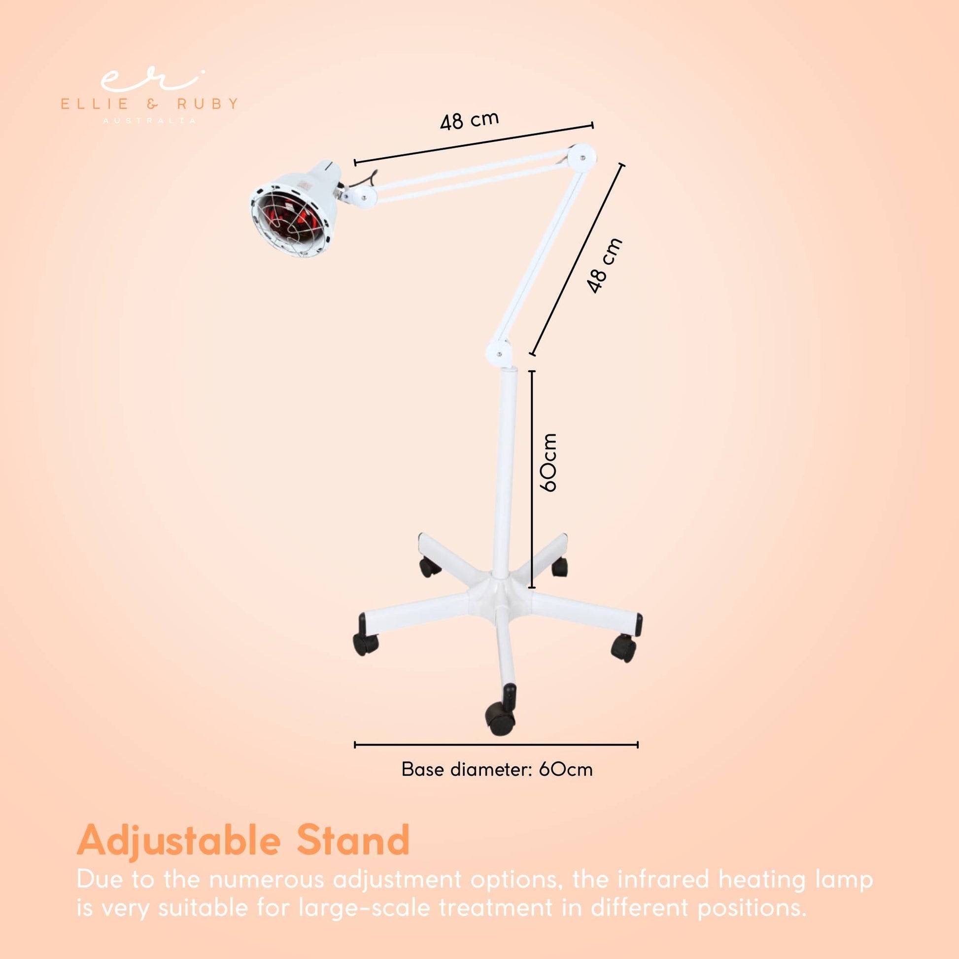 Infrared heat lamp dimensions diagram: arm 48cm, pole 60cm, base diameter 60cm, text Adjustable Stand, peach background