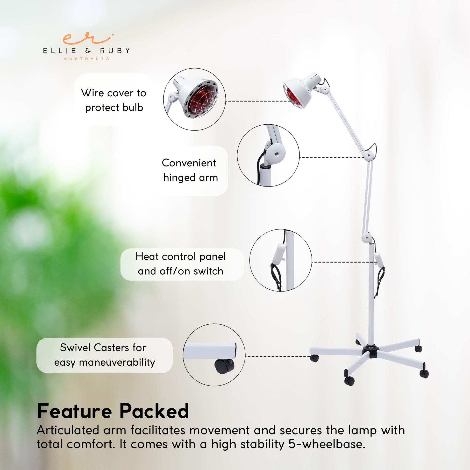 Infrared heat lamp feature callouts: Wire cover, Hinged arm, Heat control panel, Swivel Casters, text Feature Packed