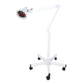 White infrared heat lamp on five-caster rolling stand, adjustable arm, red bulb visible through wire cage, white background