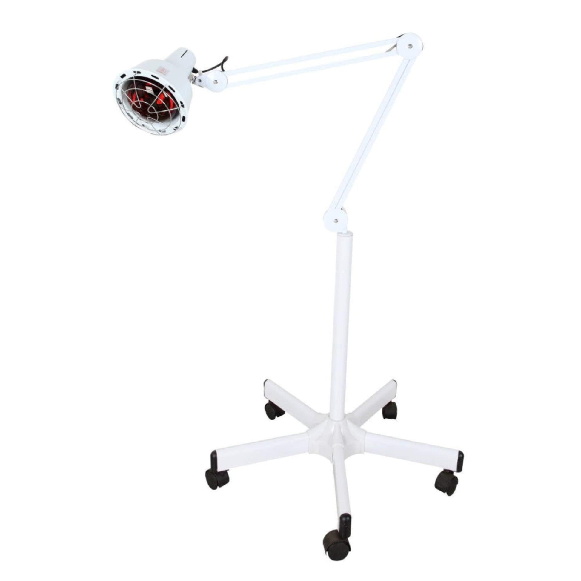 White infrared heat lamp on five-caster rolling stand, adjustable arm, red bulb visible through wire cage, white background