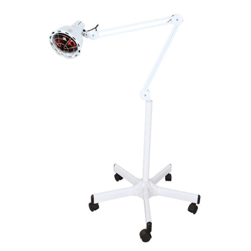 White infrared heat lamp on five-caster rolling stand, adjustable arm, red bulb visible through wire cage, white background