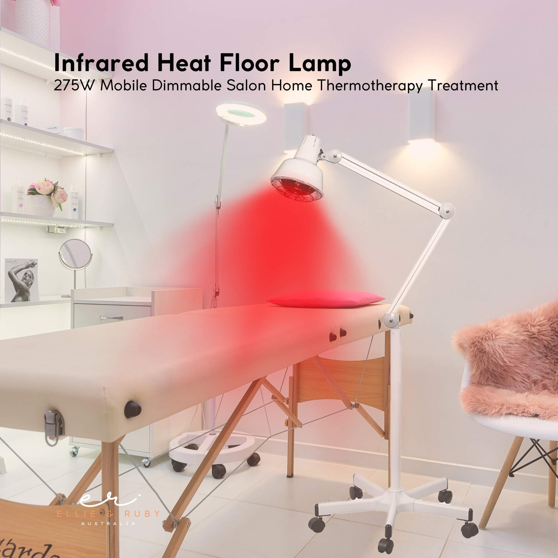 White infrared heat floor lamp in salon with red heat beam on massage table, text 275W Mobile Dimmable Thermotherapy