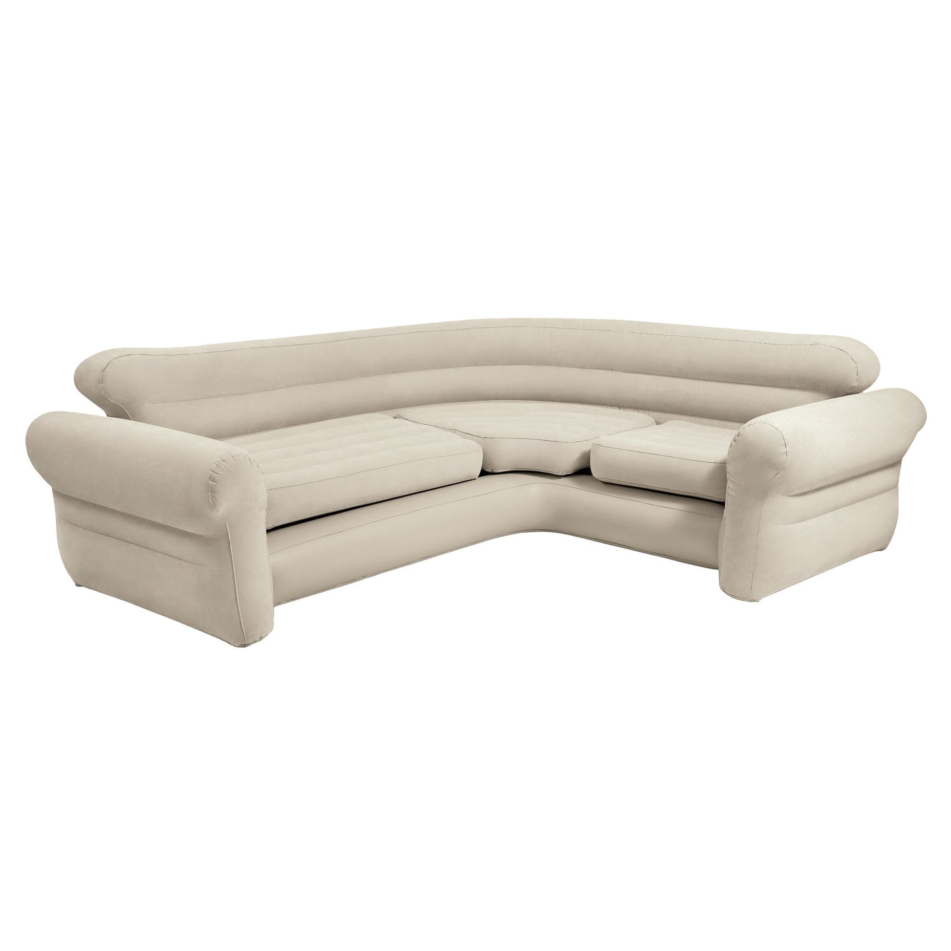 Intex inflatable corner sectional sofa in beige PVC with scrolled arms, angle view on white background