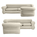 Two-panel view of inflatable corner sectional sofa showing front and rear angles in beige PVC