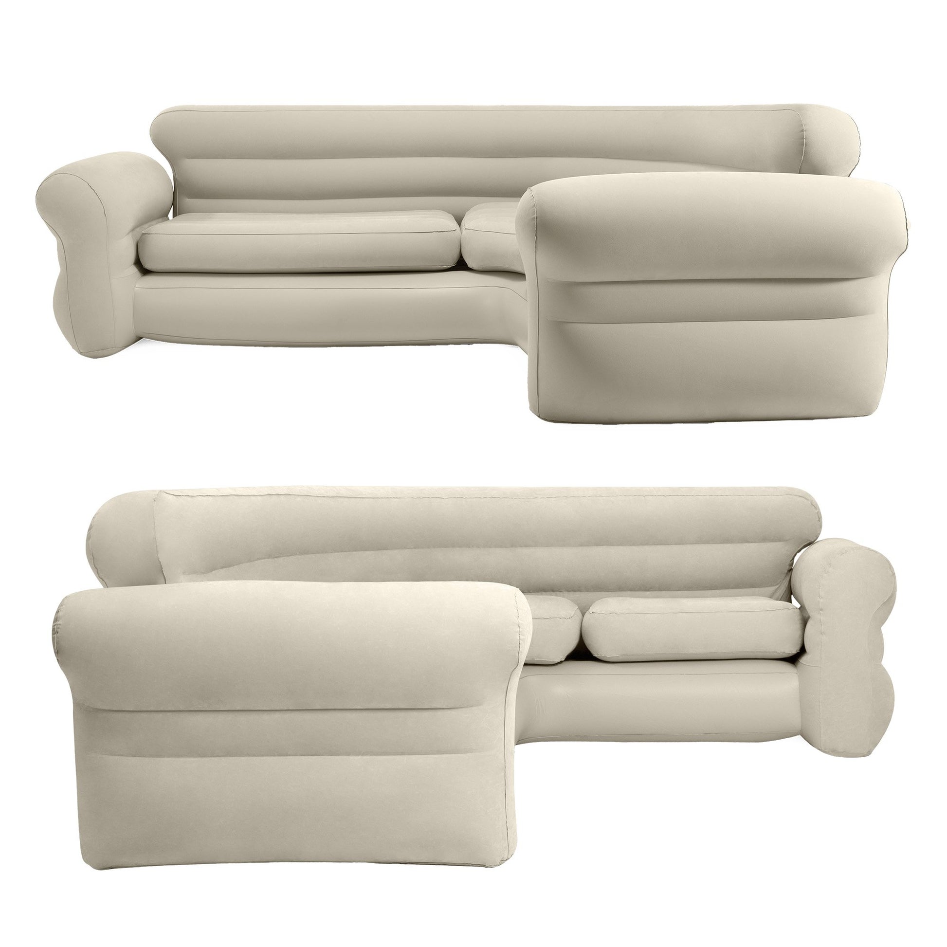 Two-panel view of inflatable corner sectional sofa showing front and rear angles in beige PVC