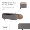 Grey ribbed ottoman with wood lid slid open revealing interior storage, brand IRENE, text: More than just an ottoman