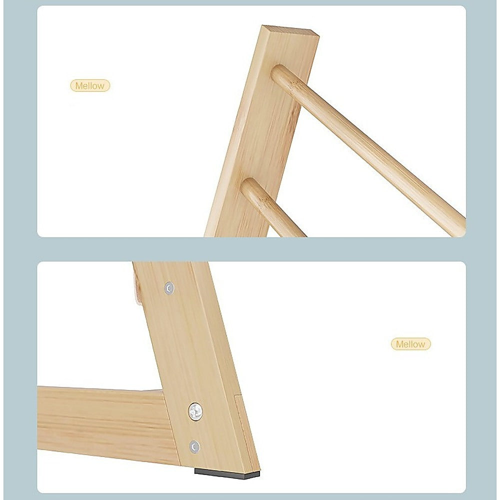 Two close-up detail panels of bamboo book rack frame: top cross-bar joint and base with screw fittings and rubber foot pad