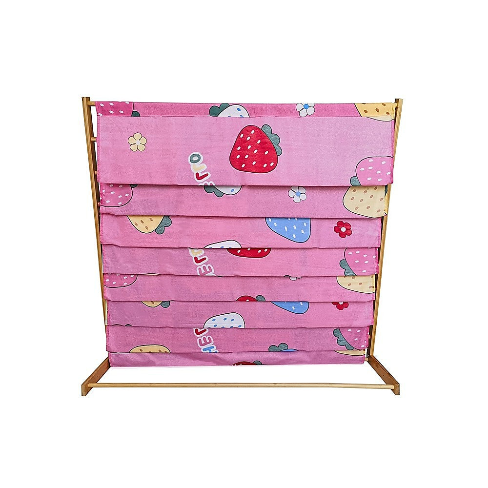 Pink fabric children's book display rack with bamboo frame, empty, front view showing strawberry and flower print fabric